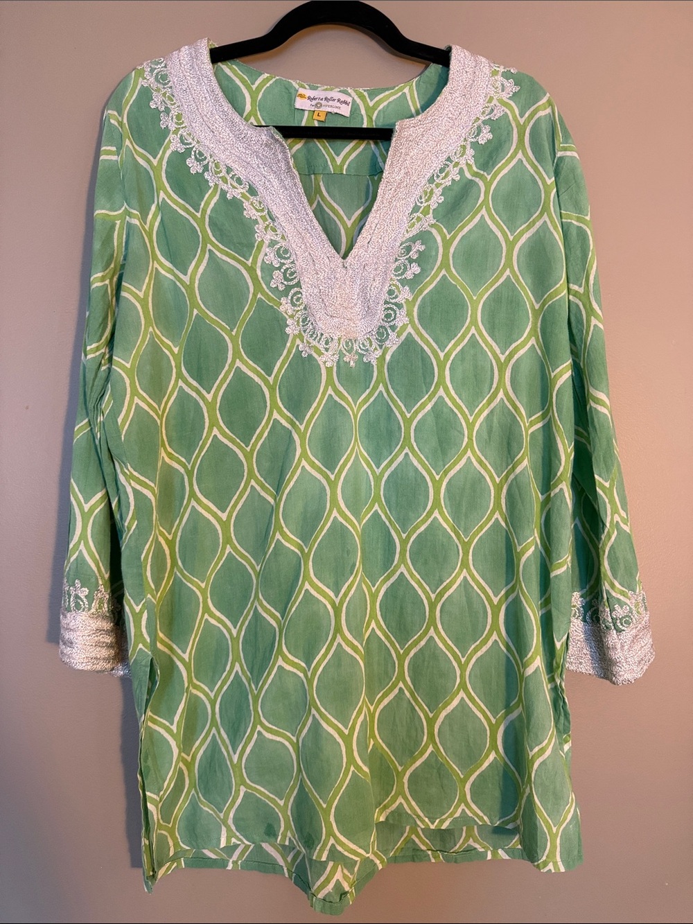 Roberta Roller Rabbit Green Patterned Embroidered V-Neck Tunic Top